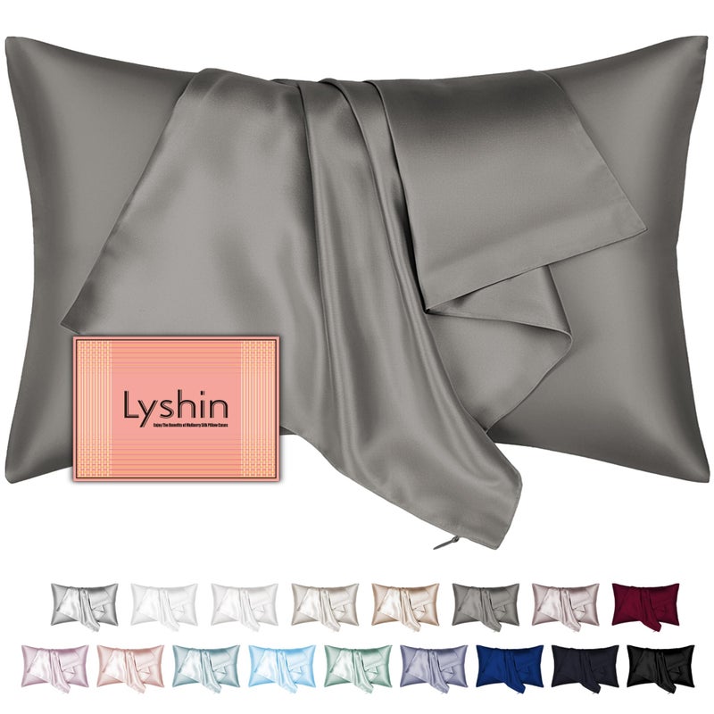 LYSHIN Mulberry Silk Pillow Cases Standard Size with Hidden Zipper, Ultra Smooth and Soft Breathable Cooling Silk Satin Pillowcase for Hair and Skin, Gifts for Women Men (Dark Grey, 20x26 Inches, 1 Pack) - Image 1