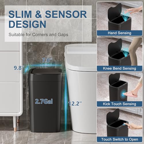 Vanpopubs 2 Pack 27 Gal Bathroom Trash Can with Lid Automatic Trash Can Small Smart Garbage Can Touchless Slim Motion Sensor Waterproof Plastic Trash Bins for Bedroom Office Kitchen Toilet Black - Image 3