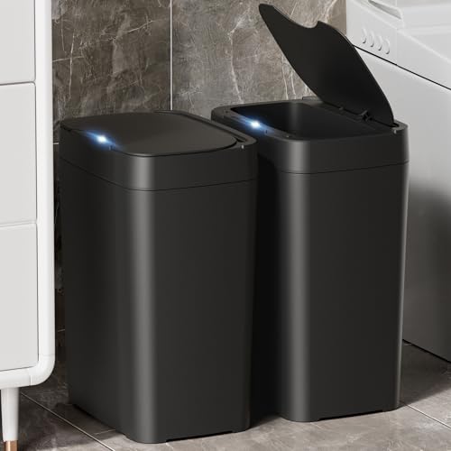 Vanpopubs 2 Pack 27 Gal Bathroom Trash Can with Lid Automatic Trash Can Small Smart Garbage Can Touchless Slim Motion Sensor Waterproof Plastic Trash Bins for Bedroom Office Kitchen Toilet Black - Image 1