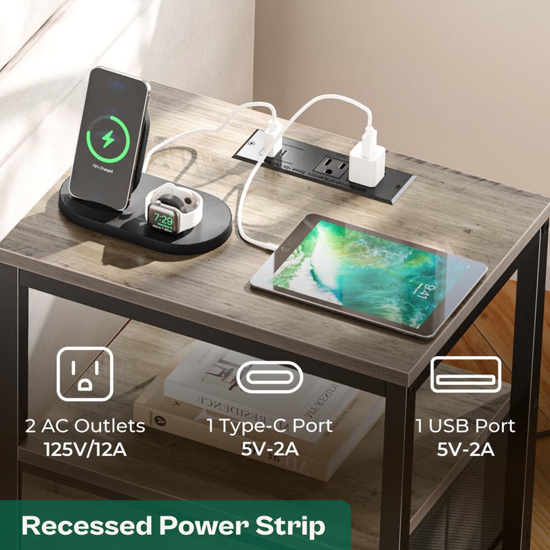 Huuger Nightstand with Charging Station, 27.6 Inch End Table Bedside Table with USB Ports and Outlets, Night Stand for Bedroom, Fabric Drawers, Oak - Image 3