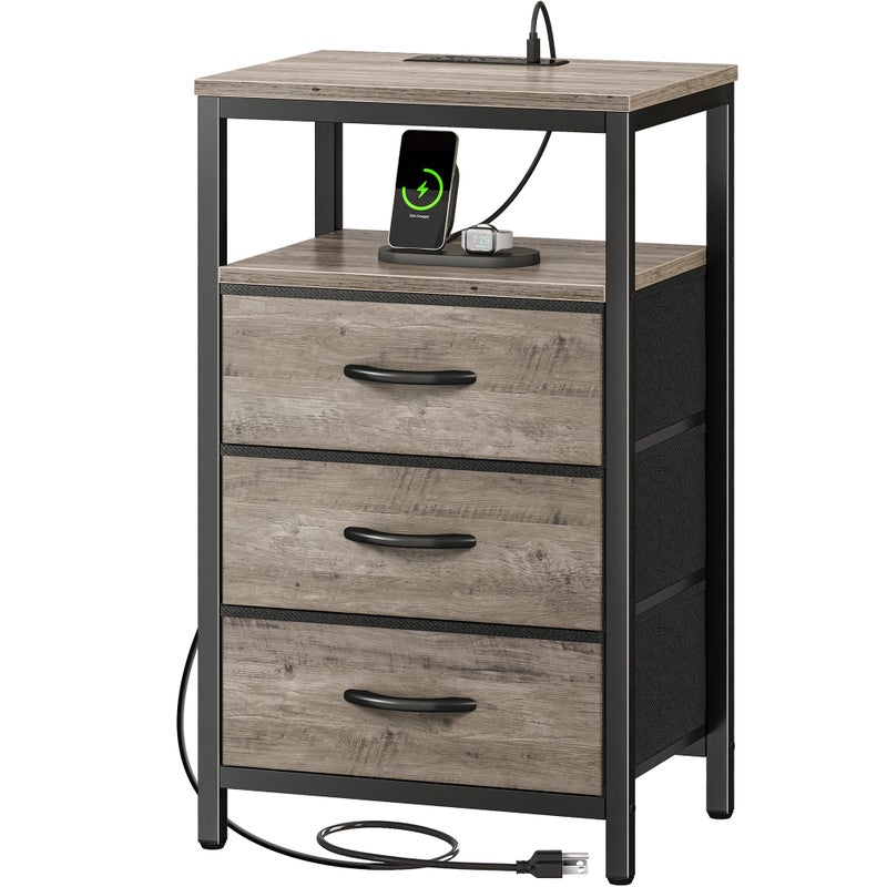 Huuger Nightstand with Charging Station, 27.6 Inch End Table Bedside Table with USB Ports and Outlets, Night Stand for Bedroom, Fabric Drawers, Oak - Image 1