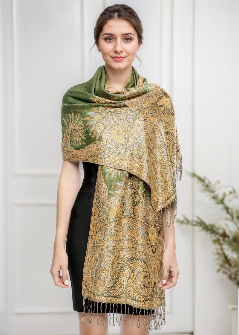Achillea Luxurious Double Layered Jacquard Big Paisley Pashmina Shawl Wrap Scarf (Olive Green) - Image 2