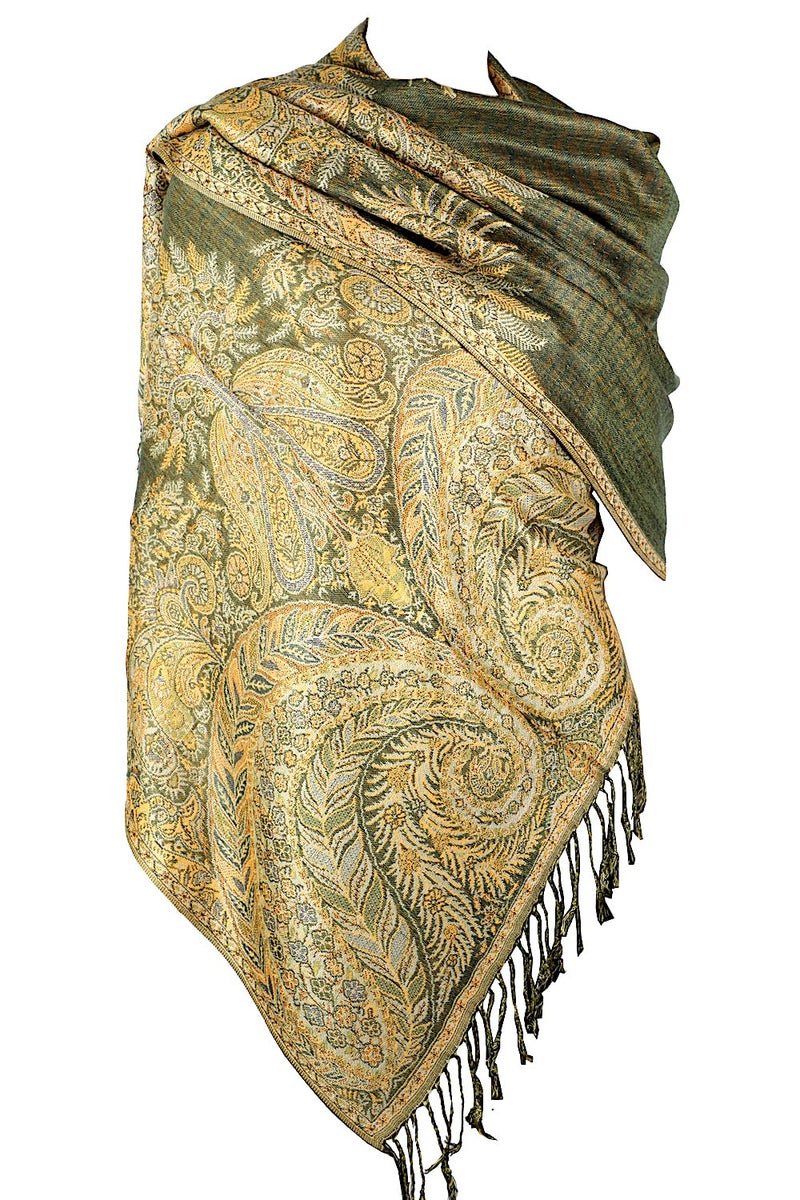 Achillea Luxurious Double Layered Jacquard Big Paisley Pashmina Shawl Wrap Scarf (Olive Green) - Image 1