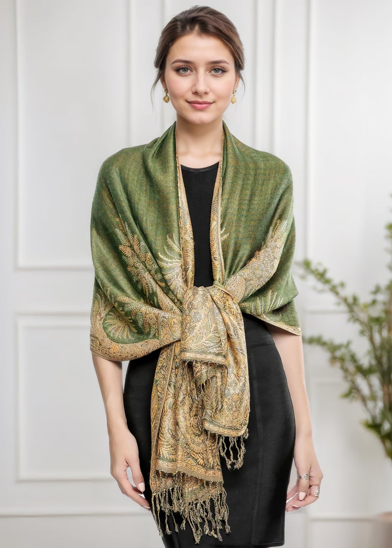 Achillea Luxurious Double Layered Jacquard Big Paisley Pashmina Shawl Wrap Scarf (Olive Green) - Image 5