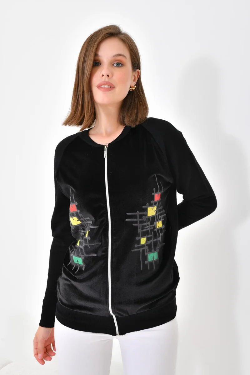 جارمي Ftz Women Velvet Detailed Zippered Cardigan Black