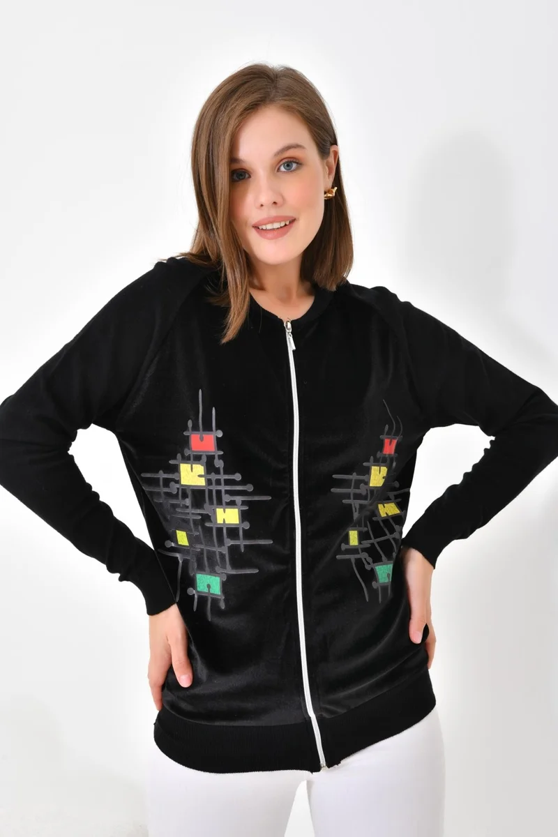 جارمي Ftz Women Velvet Detailed Zippered Cardigan Black