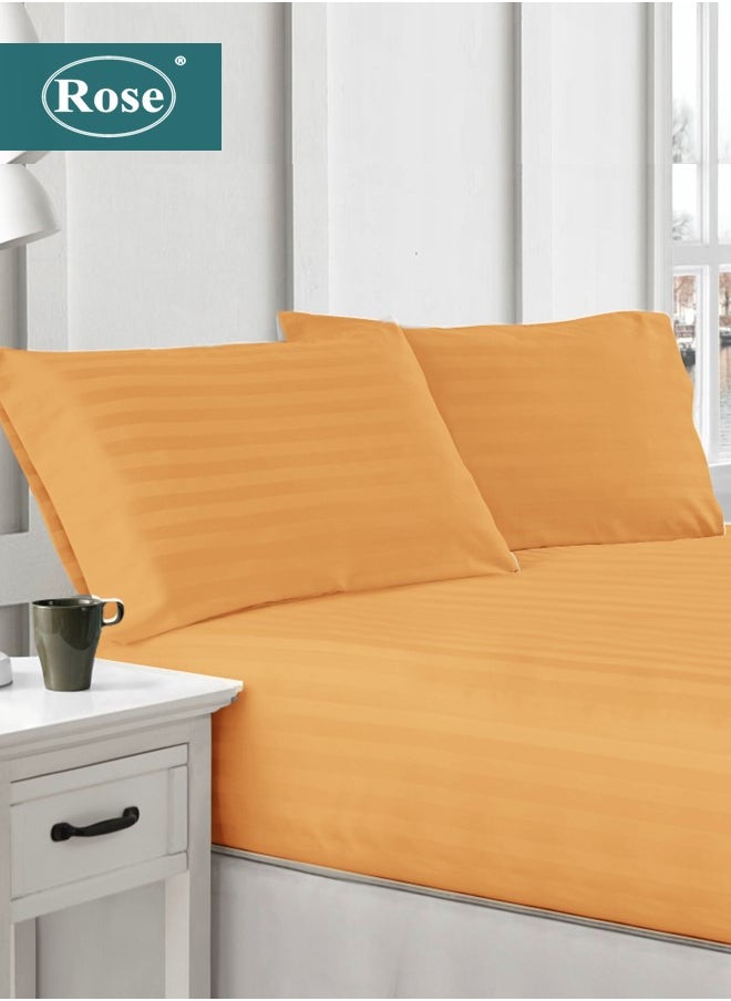 Rose - Rose Luxurious Hotel Stripe Fitted Sheet with Deep Pockets and Pillow Cases, Bed Sheet 3-Pieces Set, Soft & Silky Microfiber Breathable and Cooling, King Size 200x200+35 cm, Camel - Image 1