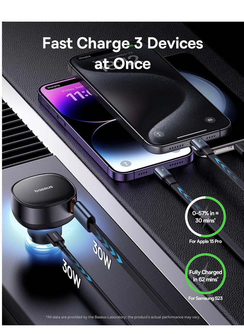 بيسوس شاحن سيارة USB C، شاحن سيارة قابل للسحب 60 وات، شاحن سيارة سريع 3 في 1، متوافق مع iPhone 15/14/13/12 Pro Max، Plus، Samsung Galaxy S23/S22/S21 Ultra، Google Pixel والمزيد (منفذ USB-C ) - Image 4