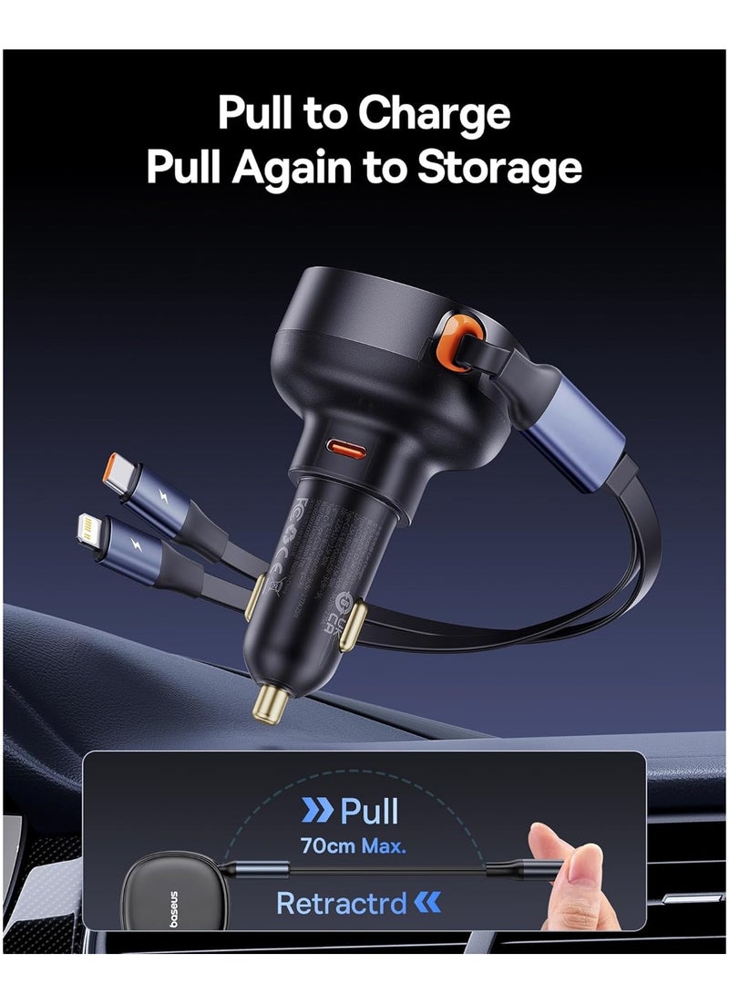 بيسوس شاحن سيارة USB C، شاحن سيارة قابل للسحب 60 وات، شاحن سيارة سريع 3 في 1، متوافق مع iPhone 15/14/13/12 Pro Max، Plus، Samsung Galaxy S23/S22/S21 Ultra، Google Pixel والمزيد (منفذ USB-C ) - Image 2