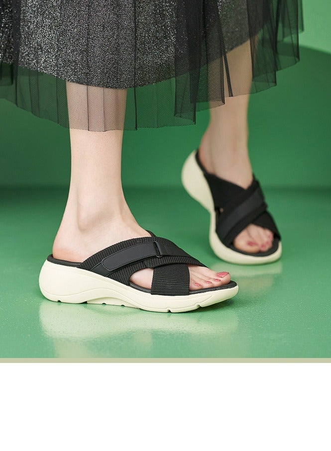 Loquat Womens Wedge Sandals Slippers Casual Sport Slip On Summer Shoes Black  - Image 1