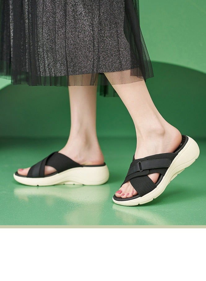 Loquat Womens Wedge Sandals Slippers Casual Sport Slip On Summer Shoes Black  - Image 2