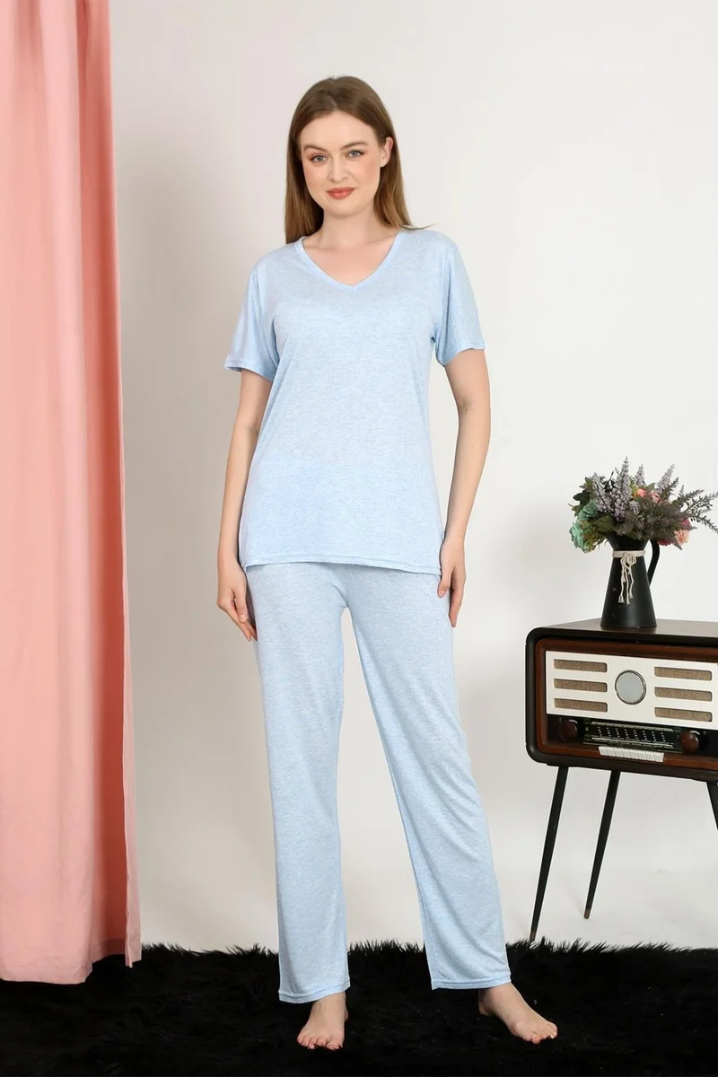 Akbeniz Women's Short Sleeve Cotton Combed Pajama Set Blue 4213