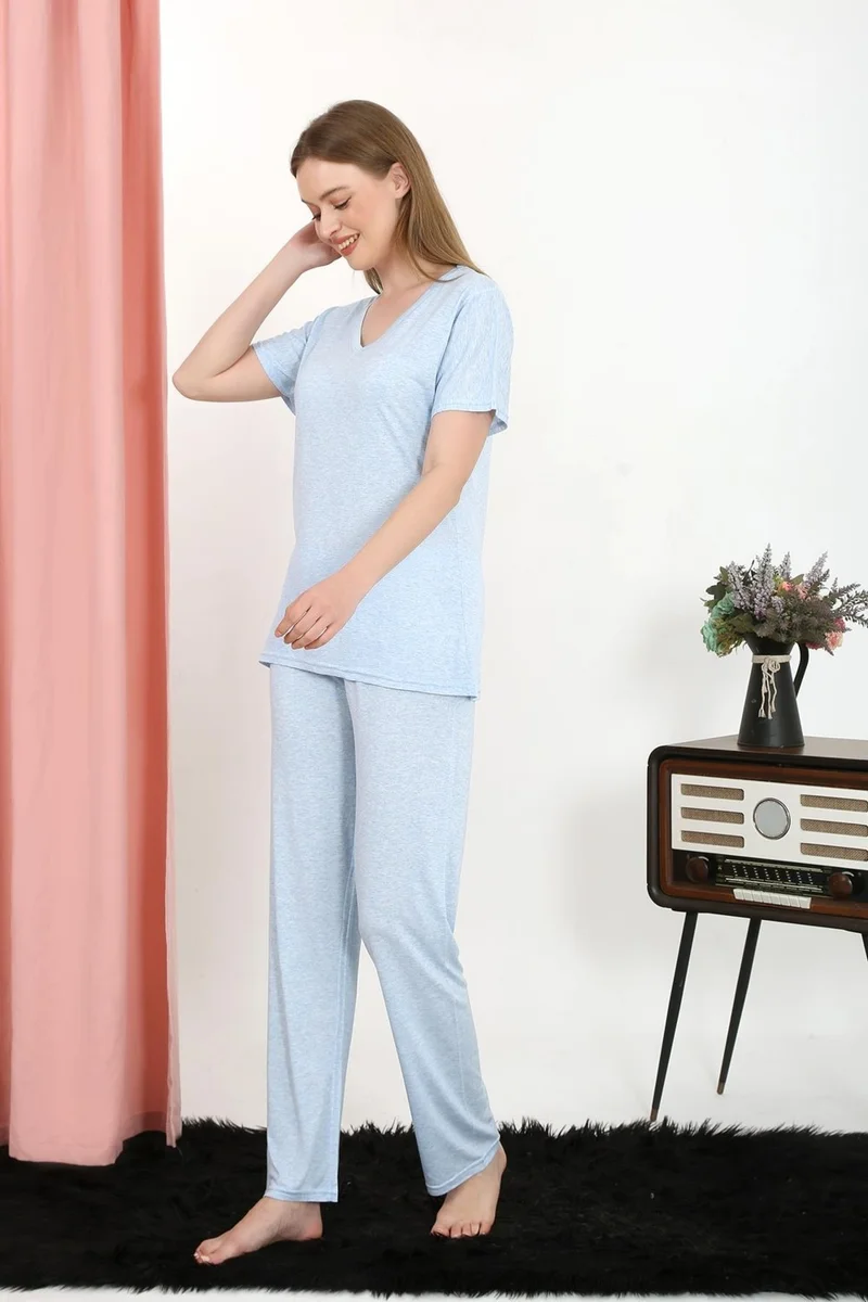 Akbeniz Women's Short Sleeve Cotton Combed Pajama Set Blue 4213