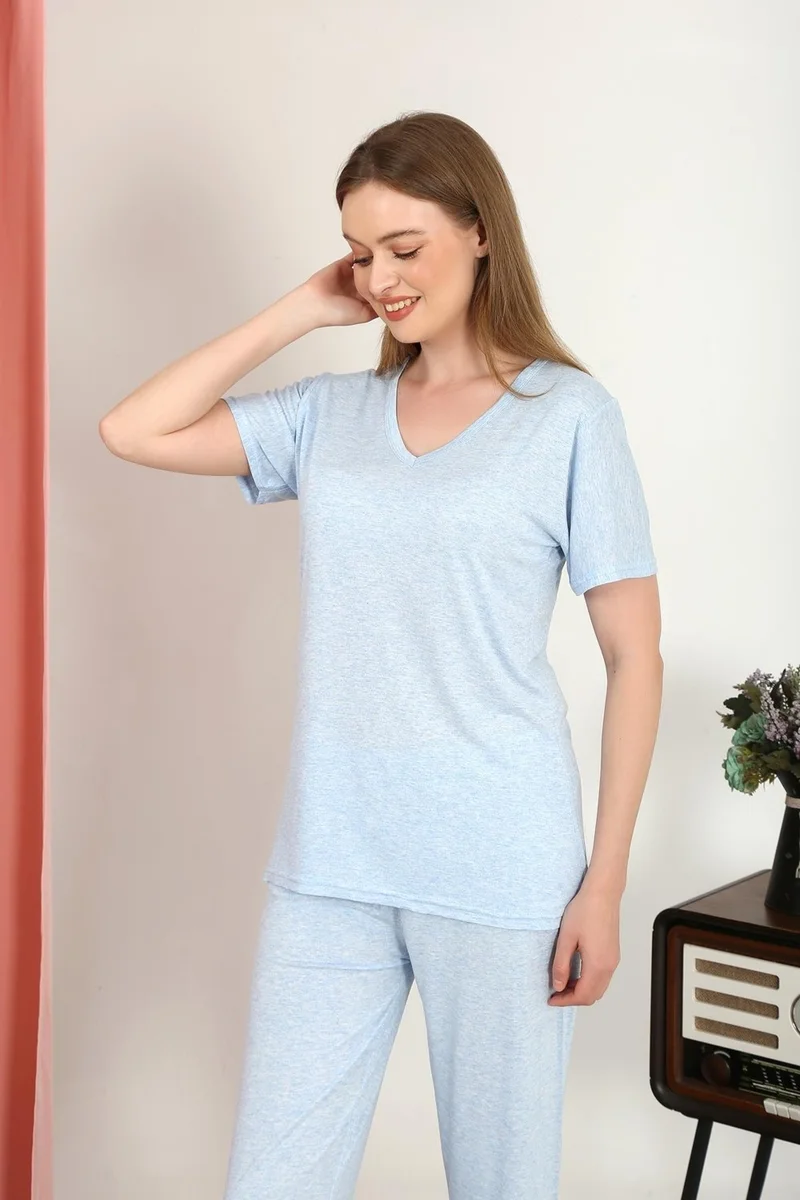 Akbeniz Women's Short Sleeve Cotton Combed Pajama Set Blue 4213