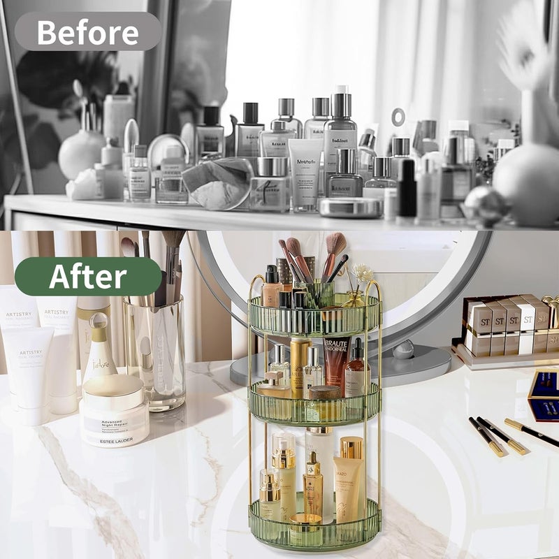 Asayuee 360 Rotating Makeup Organizer,3 Tier Large Capacity Make Up Organizers and Storage,Skincare Perfume Vanity Organizers,Bathroom Cosmetics Storage Organizer Countertop (Green) - Image 3