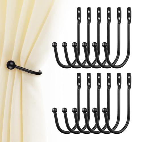 Gaahkai 12PCS Curtain Tie Back Hooks, Metal Curtain Holdbacks Side Tiebacks Wall Mounted with Screws, Black - Image 1