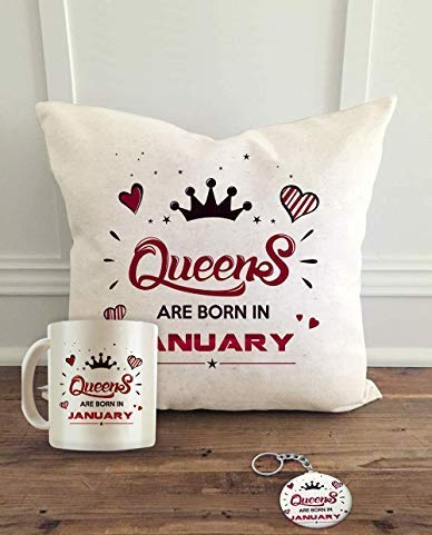 ALDIVO ALDIVO Queens are Born in January Printed Satin Cushion Cover with Filler Mug and Key Ring Combo Gift Pack 12 x 12 White 