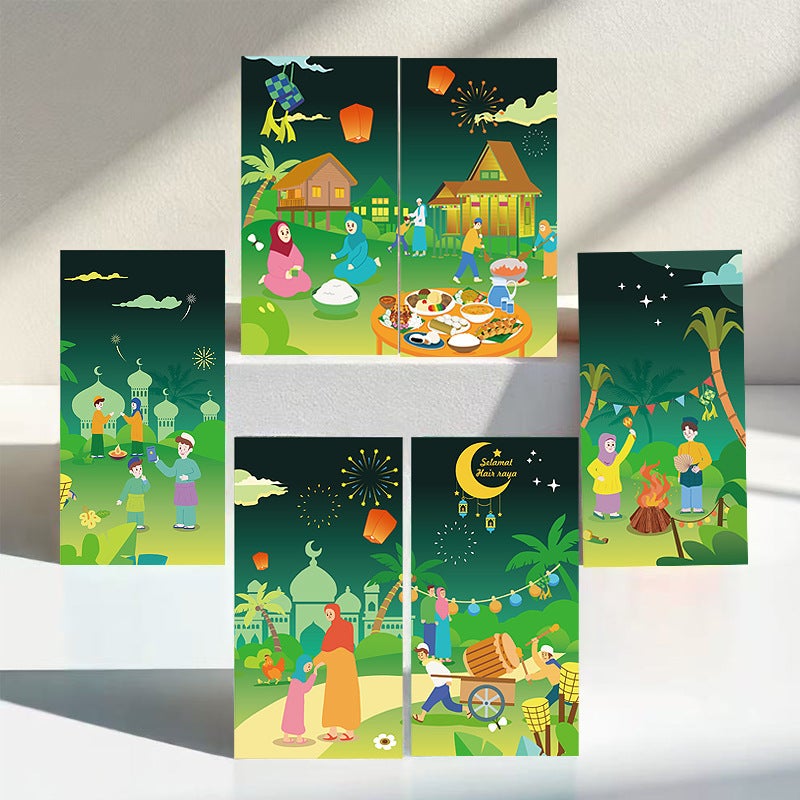 Eid Money Envelope - Style 1 (6 Pcs Pack) - Eid Mubarak Cash Gift Envelope for Kids, Ramadan Eidi Money Wallet, Green Lucky Envelope, Arab Festival Favors