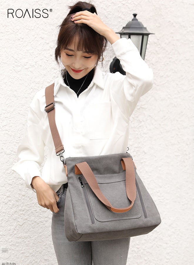 roaiss Women's One-Shoulder Crossbody Women's Bag Large Capacity Fashionable Handbag Women's Simple and Versatile Canvas Bag Women's Bag Zipper Multi-pocket Daily Work Commuting Bag Tote Bag Grey - Image 2