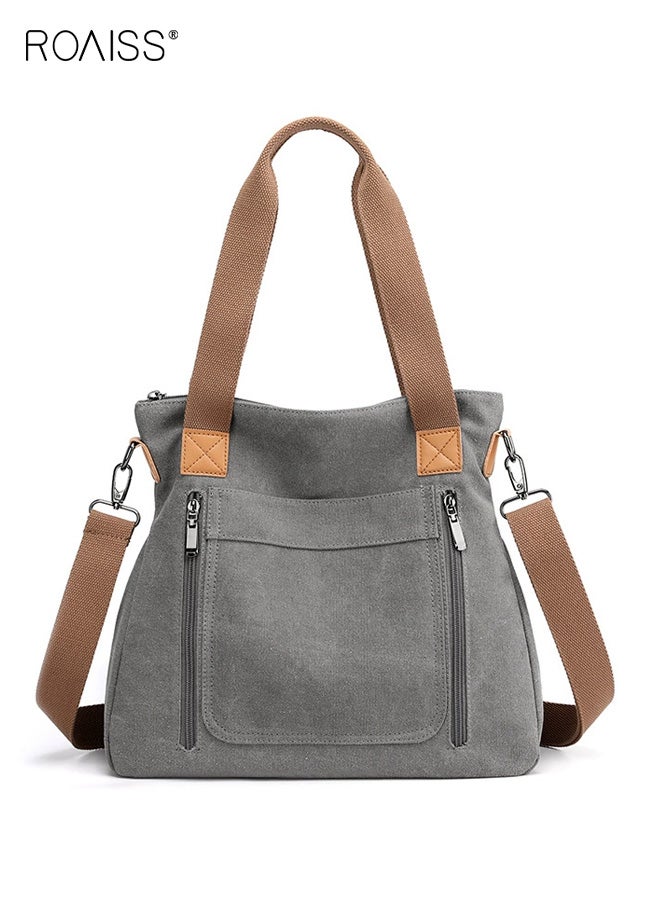 roaiss Women's One-Shoulder Crossbody Women's Bag Large Capacity Fashionable Handbag Women's Simple and Versatile Canvas Bag Women's Bag Zipper Multi-pocket Daily Work Commuting Bag Tote Bag Grey - Image 1