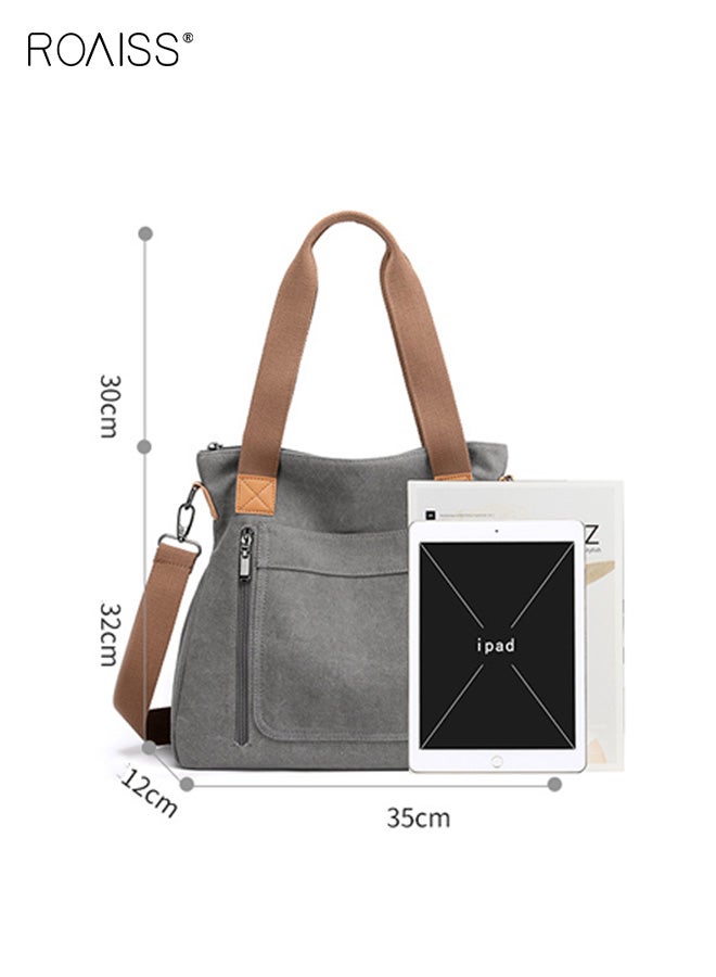 roaiss Women's One-Shoulder Crossbody Women's Bag Large Capacity Fashionable Handbag Women's Simple and Versatile Canvas Bag Women's Bag Zipper Multi-pocket Daily Work Commuting Bag Tote Bag Grey - Image 5