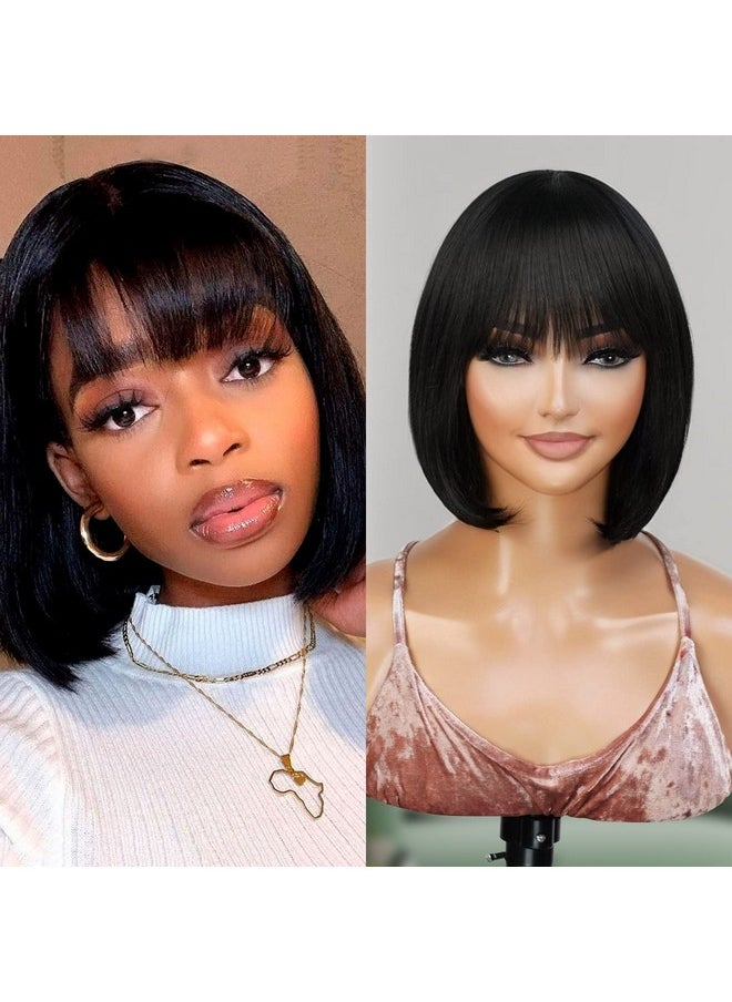 INSTANT FAB - Short Bob Wigs Human Hair Wigs With China Bangs For Black Women Straight Bob With Bangs Human Hair Non Lace Front Wigs Diamond (10 Inch (Pack Of 1) Natural Black) - Image 1