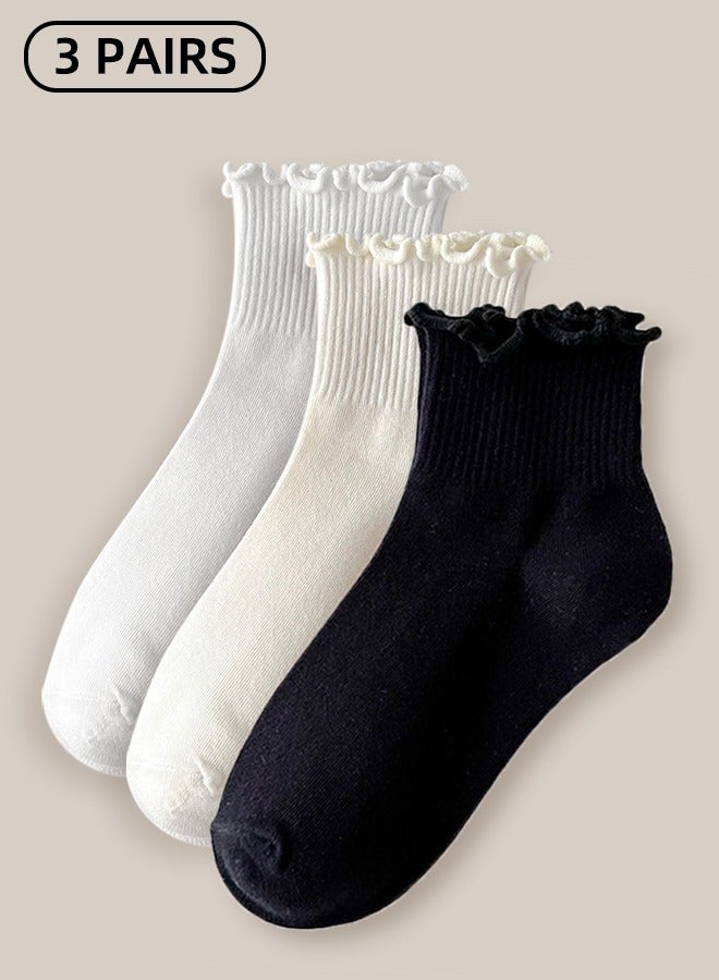 Women'S Ruffle Socks - Casual Ankle Length Breathable Cool Knit Cotton Cute Ruffle Mid-Tube Socks - Breathable Cool Knit Cotton Round Neck Ruffle Socks 3 Pairs - Image 1