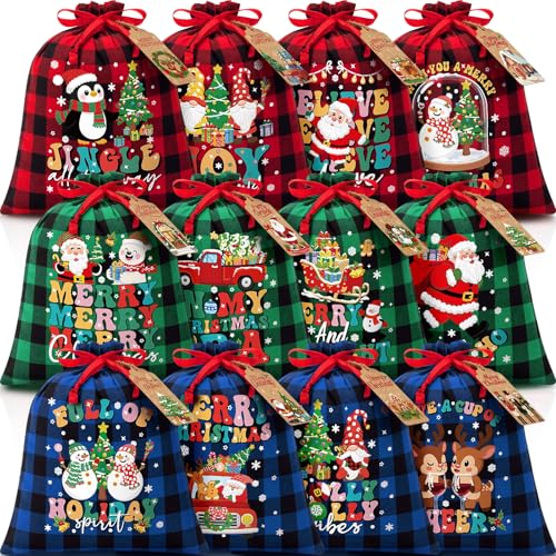 FLOE 12 PCS Burlap Christmas Drawstring Gift Bags 10x12in Buffalo Plaid Xmas Gift Bags w Tags Cotton Fabric Goody Gift Treat Bags Xmas Sacks Medium Reusable Gift Wrapping Bags for Holiday Party Favors - Image 1