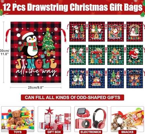 FLOE 12 PCS Burlap Christmas Drawstring Gift Bags 10x12in Buffalo Plaid Xmas Gift Bags w Tags Cotton Fabric Goody Gift Treat Bags Xmas Sacks Medium Reusable Gift Wrapping Bags for Holiday Party Favors - Image 3