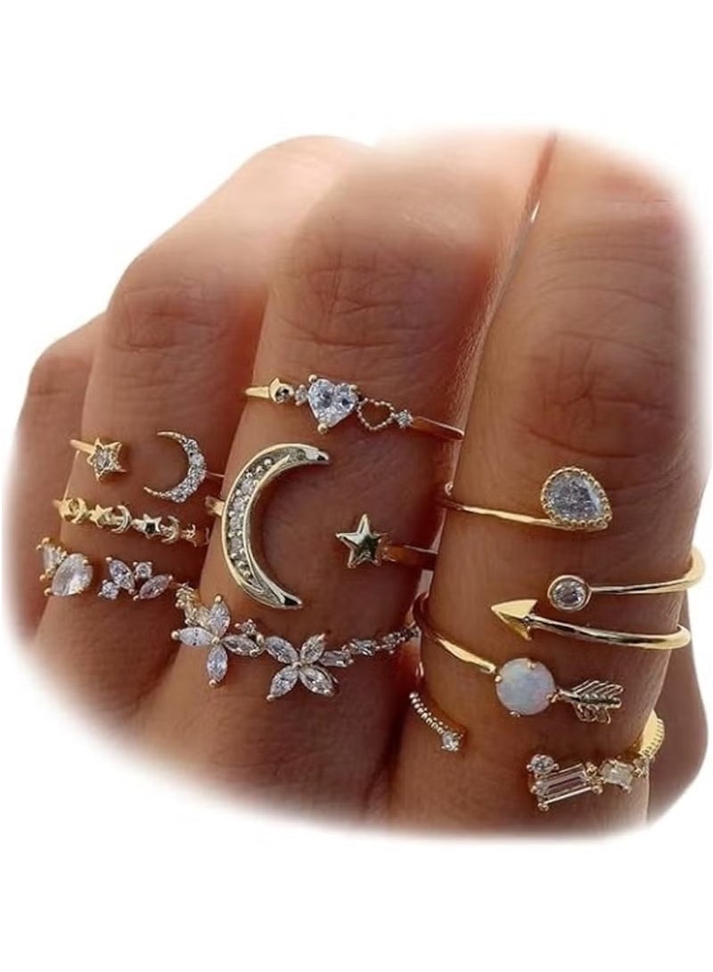 Huitich 9 Pcs Gold Colour Crystal Moon & Arrow Ring Set - Image 4