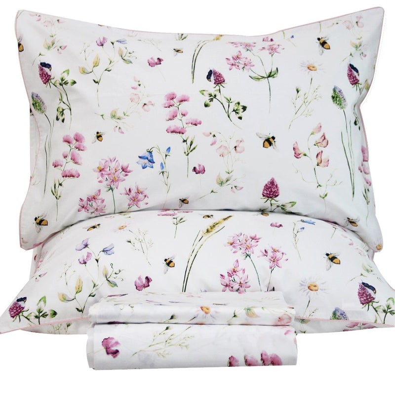 QSH Floral Bed Sheets Set King Size  Shabby Flower Bee Print Bed Sheet Set  Extra Soft and Breathable 100 Egyptian Cotton  4 pcs King Size Sheets with Deep Pockets Flower Bed Sheets