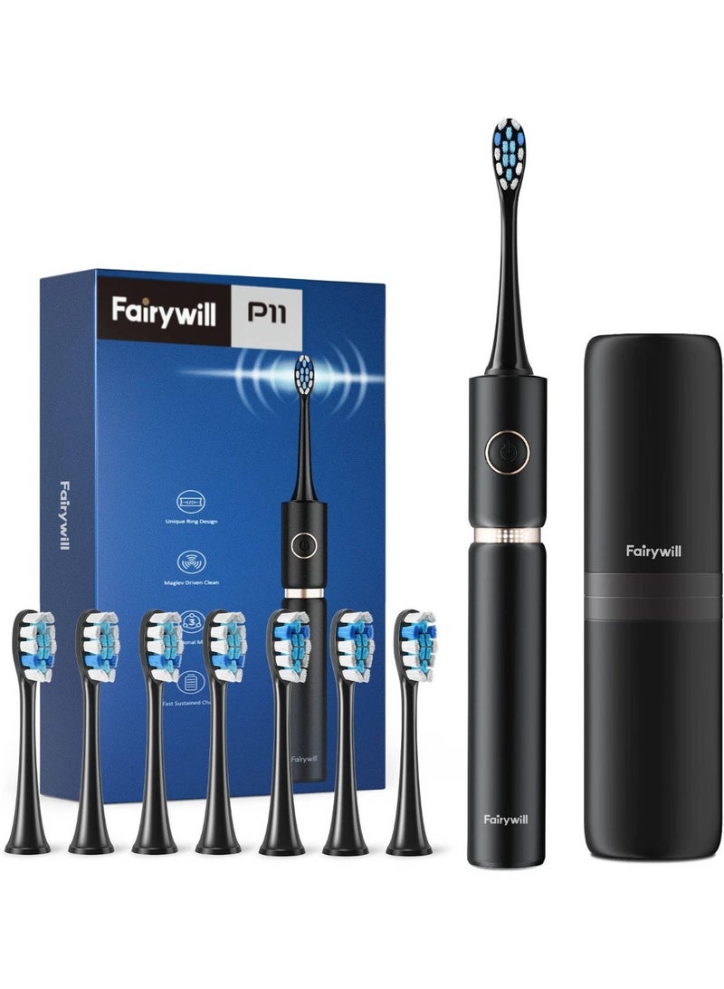 Fairywill P11 Ultrasonic Portable Electric Toothbrush with 8 Brush Heads and Travel Case Set, 62,000 VPC Maglev Motor, 30 Days Battery Life, High Water Resistant - Image 1