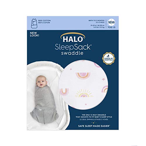 HALO 100% Cotton Sleepsack Swaddle, 3-Way Adjustable Wearable Blanket, TOG 1.5, Sunshine Rainbows, Newborn, 0-3 Months - Image 4