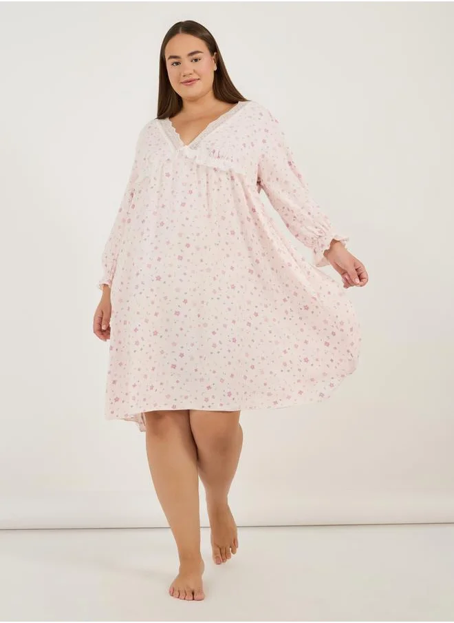 Styli Plus Size All Over Floral Print V Neck Nightdress with Lace Detail