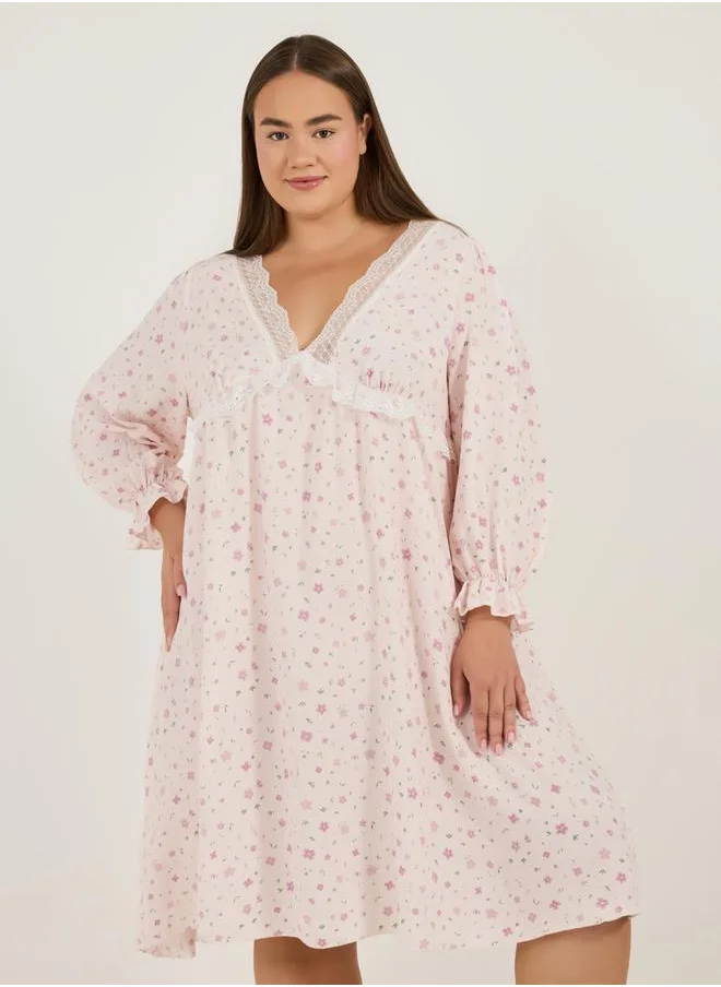 Styli Plus Size All Over Floral Print V Neck Nightdress with Lace Detail