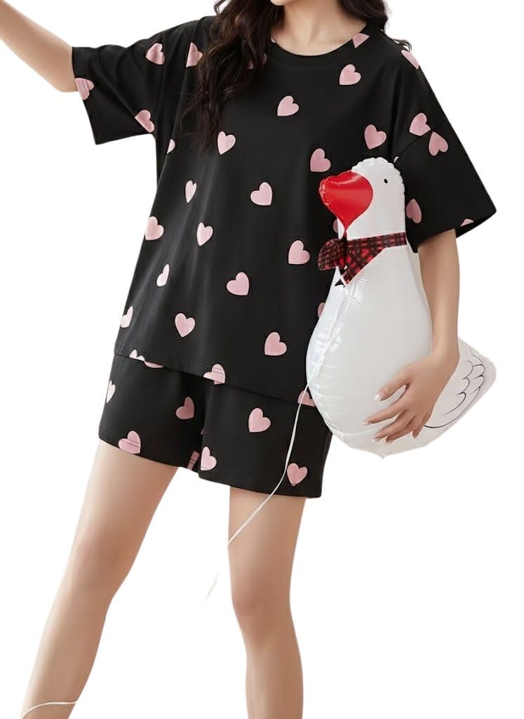 SMOWKLY Women Korean Shorts Pajama Set Cotton Blend Nightwear Set Top & Shorts Sleepwear Lounge Wear Soft Comfortable Night Suit Ladies Summer Night Dress Co-Ord Home Wear Set(1511_BK_M) Jade Black - Image 1