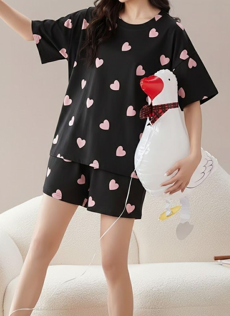 SMOWKLY Women Korean Shorts Pajama Set Cotton Blend Nightwear Set Top & Shorts Sleepwear Lounge Wear Soft Comfortable Night Suit Ladies Summer Night Dress Co-Ord Home Wear Set(1511_BK_M) Jade Black - Image 3