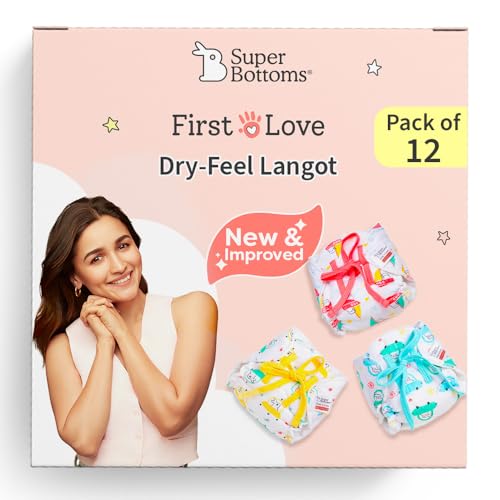 SuperBottoms DryFeel Baby Langot 0-6 months l Organic Cotton Modern Baby Nappy l Mess-free Langot with Gentle Elastics l Super DryFeel Top Layer l Diaper-free Time Essential | 12 Pack - Image 1