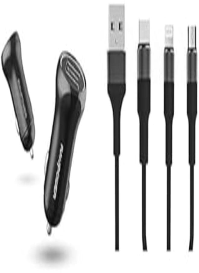 RAVPOWER Car Essential Bundle (RAVPower RP-VC030 Total 49W Car Charger - Black, USB+Keendex KX 2463 3 in 1 Fast Charging and Data Transfer Cable for Type-C, Micro and iPhone, 1.2 Meters-lightning) 