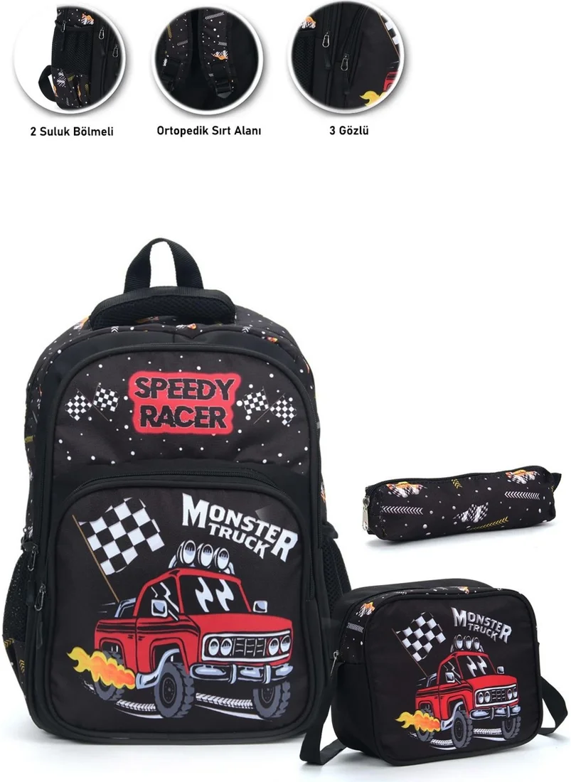 Masho Trend Monster Truck School Bag + Lunch Box + Pencil Case Trolley Bag Primary School Bag Backpack