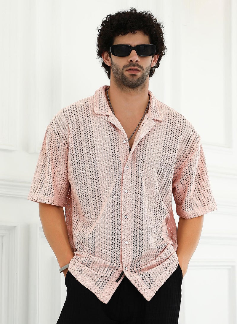 Campus Sutra Men's Nude Pink Ziggy-Knit Oversized Shirt - Image 1