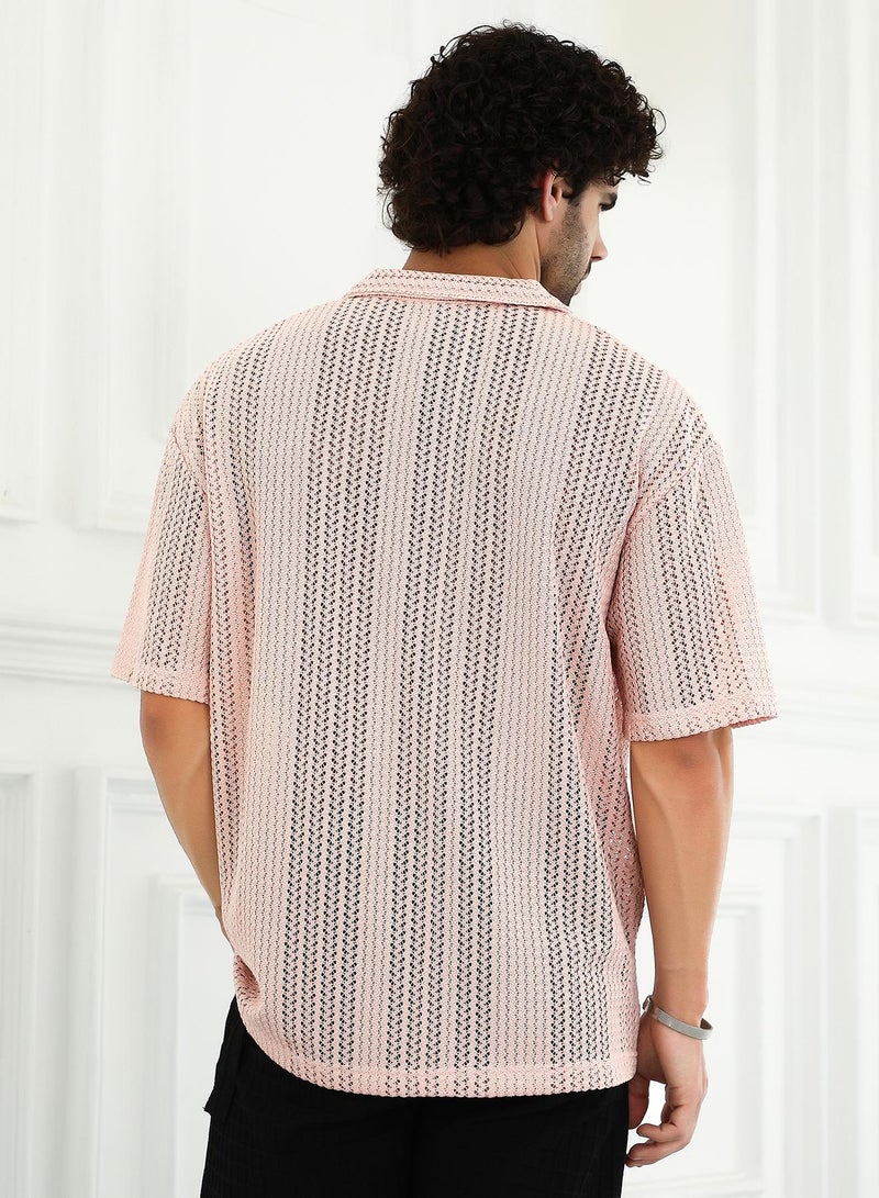 Campus Sutra Men's Nude Pink Ziggy-Knit Oversized Shirt - Image 5