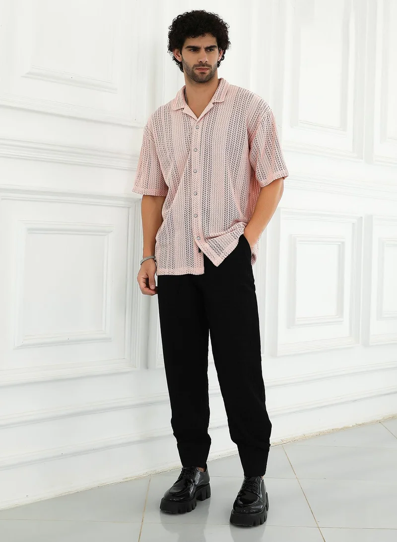 Campus Sutra Men's Nude Pink Ziggy-Knit Oversized Shirt