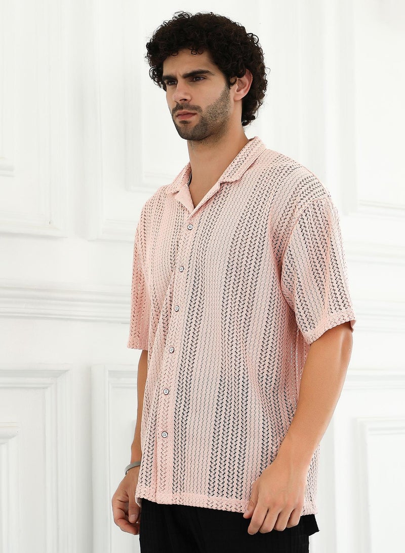 Campus Sutra Men's Nude Pink Ziggy-Knit Oversized Shirt - Image 3
