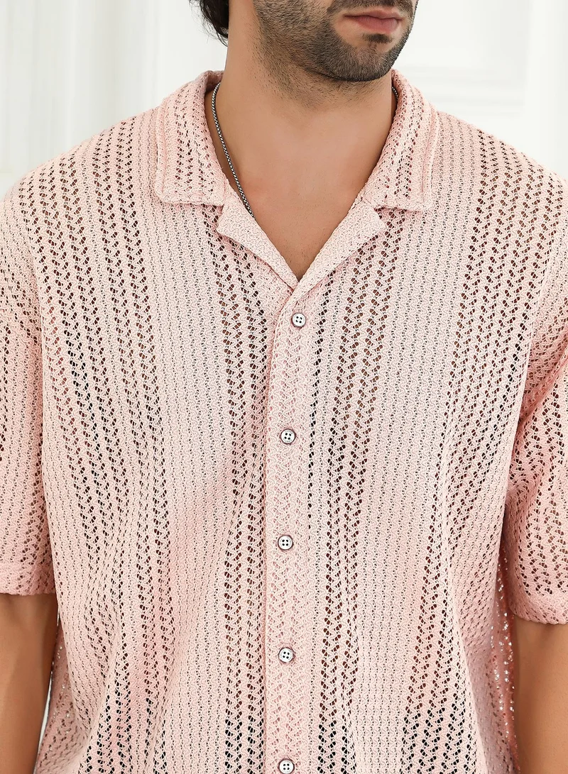 Campus Sutra Men's Nude Pink Ziggy-Knit Oversized Shirt
