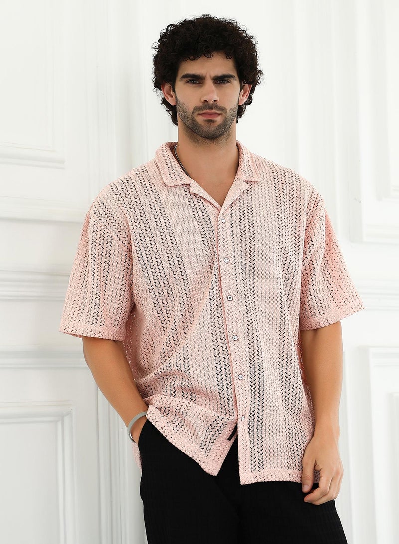 Campus Sutra Men's Nude Pink Ziggy-Knit Oversized Shirt - Image 2
