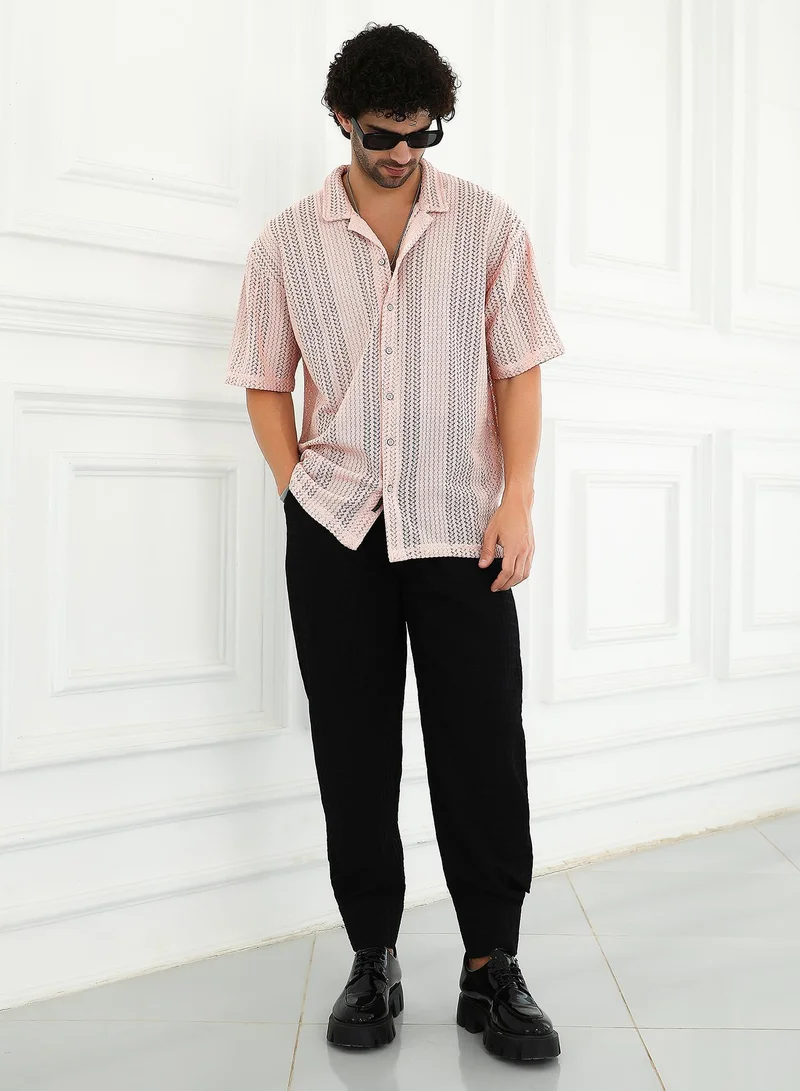 Campus Sutra Men's Nude Pink Ziggy-Knit Oversized Shirt