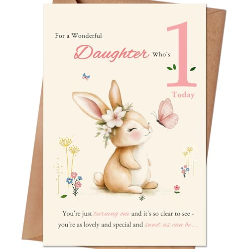 HEJOYN 1st Birthday Card for Daughter Baby Girls, First Birthday Card Gift for Daughter from Mom Dad, 1st Birthday Decorations Girl - Image 1