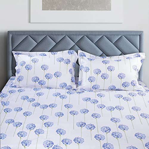 Spread Spain The White Cotton Print Bedsheet, 500 Thread Count Super King Size with Two Pillow Cases (Indigo) - Image 1