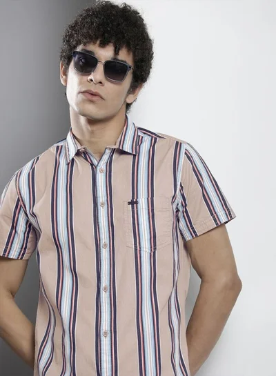 The Indian Garage Co Men Regular Fit Striped Half Sleeves Cutaway Collar Casual Shirt